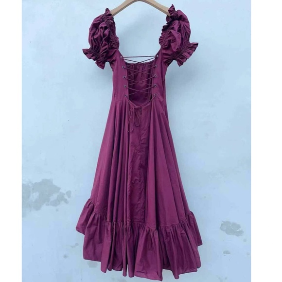 NEW Selkie The Bordeaux Foxglove Lace Up Midi Cotton Dress - Burgundy Wine Red - Picture 7 of 11